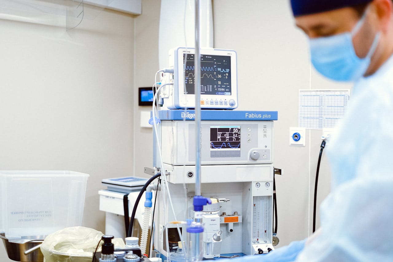 Close-up of advanced medical equipment in a sterile operating room setting.